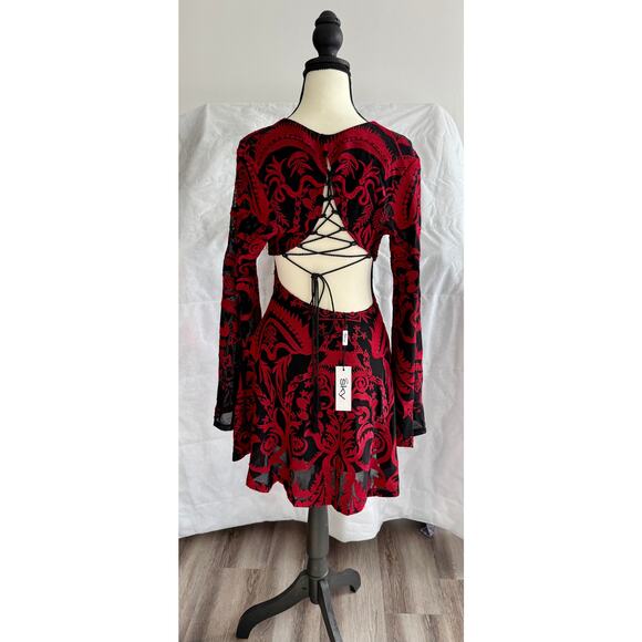 Sky Red Black Velvet Lace-Up Back Mini Dress XS Whimsigoth Goth Holiday Party - Picture 3 of 12